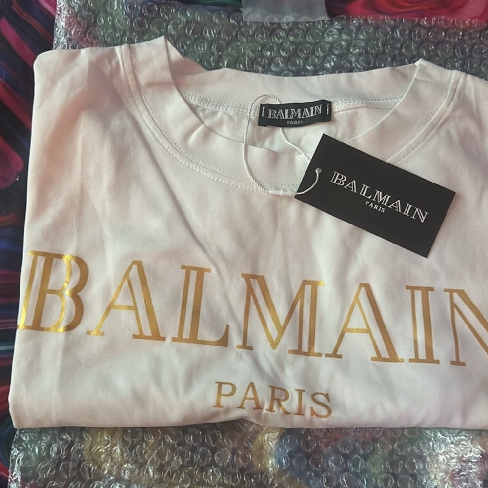 Balmain White Tee with Gold Foil Print, Short Sleeve, Size LG
